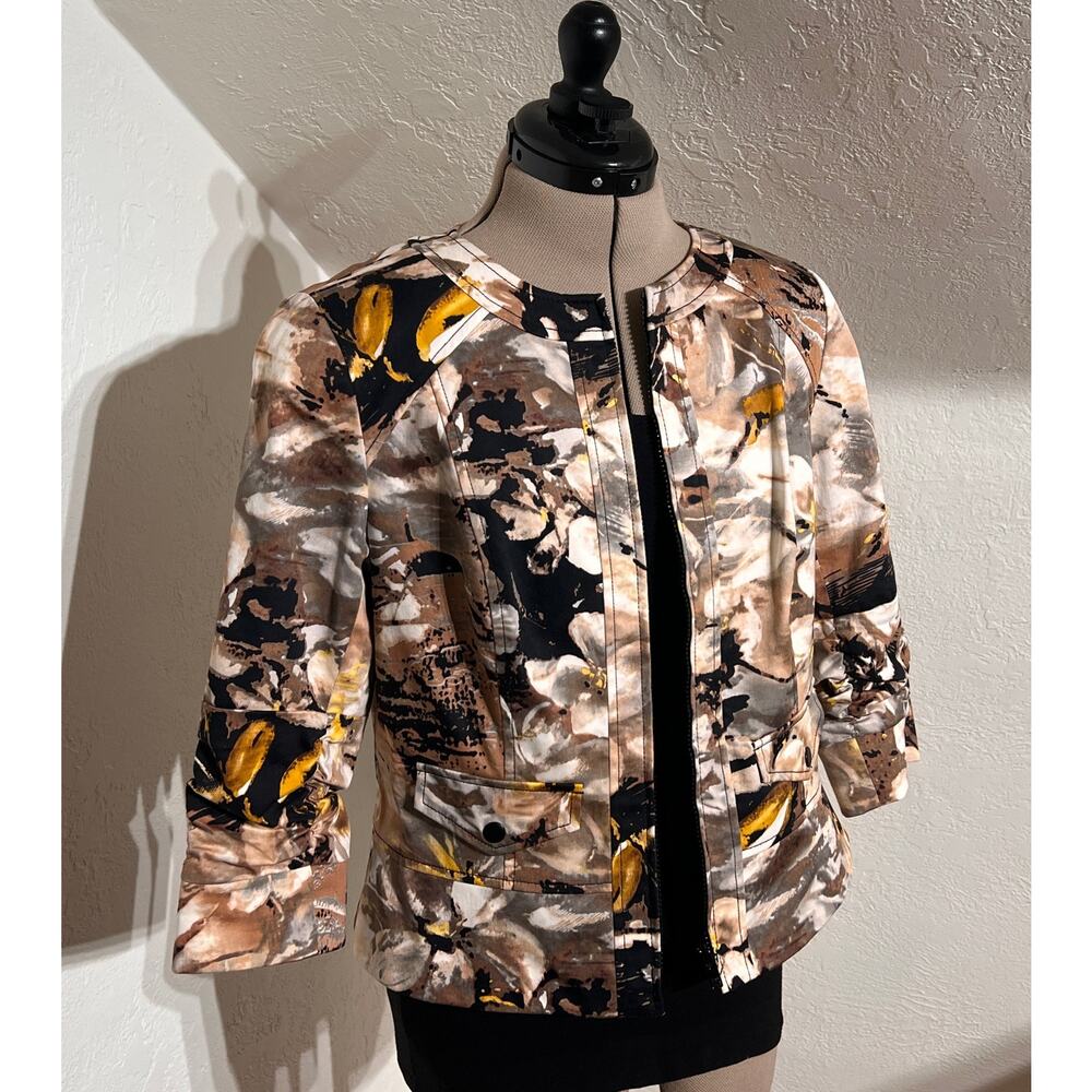 Coldwater Creek Petite 12 Abstract Floral Zip Jacket | 3/4 Sleeve Lined Blazer